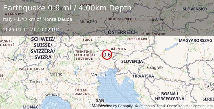 Earthquake NORTHERN ITALY (0.6 ml) (2025-01-12 21:10:02 UTC)