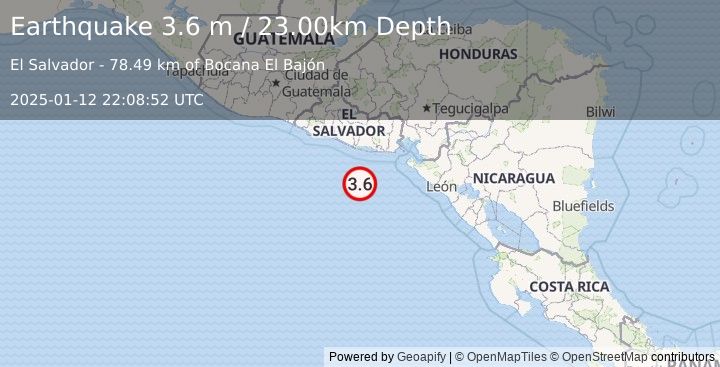 Earthquake OFFSHORE EL SALVADOR (3.6 m) (2025-01-12 22:08:52 UTC)