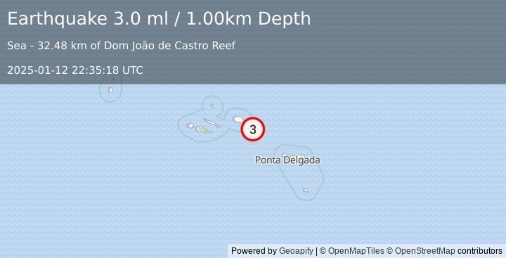 Earthquake AZORES ISLANDS, PORTUGAL (3.0 ml) (2025-01-12 22:35:18 UTC)