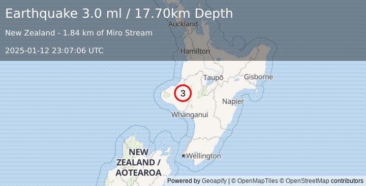 Earthquake NORTH ISLAND OF NEW ZEALAND (3.0 ml) (2025-01-12 23:07:06 UTC)