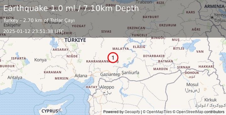 Earthquake CENTRAL TURKEY (1.0 ml) (2025-01-12 23:51:38 UTC)