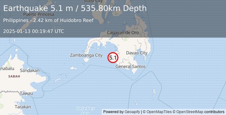 Earthquake MORO GULF, MINDANAO, PHILIPPINES (5.1 m) (2025-01-13 00:19:47 UTC)