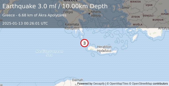 Earthquake CRETE, GREECE (3.0 ml) (2025-01-13 00:25:59 UTC)