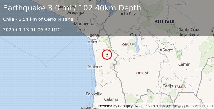 Earthquake TARAPACA, CHILE (3.0 ml) (2025-01-13 01:06:37 UTC)