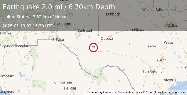 Earthquake WESTERN TEXAS (2.0 ml) (2025-01-13 02:16:30 UTC)