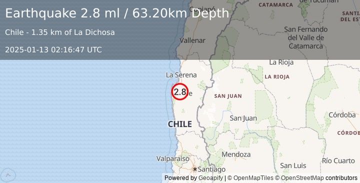 Earthquake COQUIMBO, CHILE (2.8 ml) (2025-01-13 02:16:47 UTC)