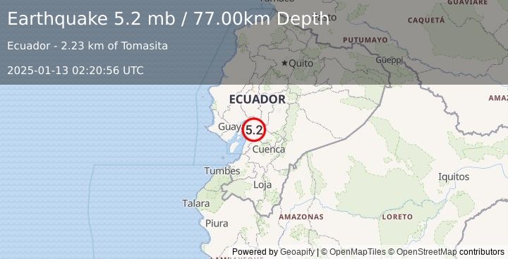 Earthquake NEAR COAST OF ECUADOR (5.1 mb) (2025-01-13 02:20:53 UTC)