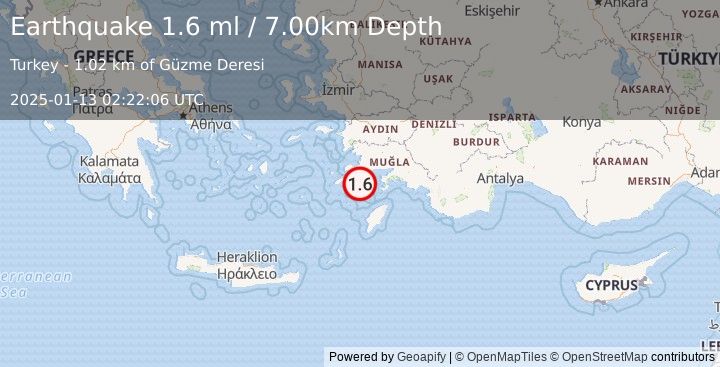 Earthquake DODECANESE IS.-TURKEY BORDER REG (1.6 ml) (2025-01-13 02:22:06 UTC)