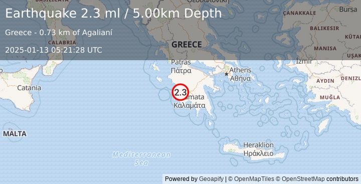 Earthquake SOUTHERN GREECE (2.3 ml) (2025-01-13 05:21:28 UTC)