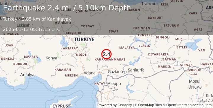 Earthquake CENTRAL TURKEY (2.4 ml) (2025-01-13 05:37:15 UTC)