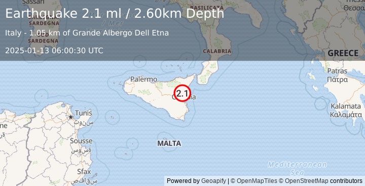 Earthquake SICILY, ITALY (2.1 ml) (2025-01-13 06:00:30 UTC)