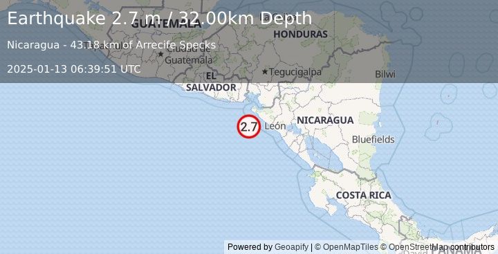 Earthquake NEAR COAST OF NICARAGUA (2.7 m) (2025-01-13 06:39:51 UTC)