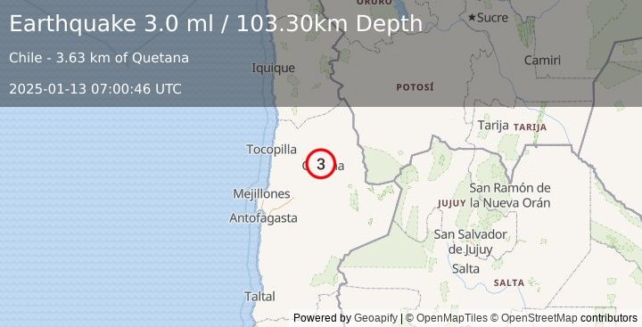 Earthquake ANTOFAGASTA, CHILE (3.1 ml) (2025-01-13 07:00:45 UTC)