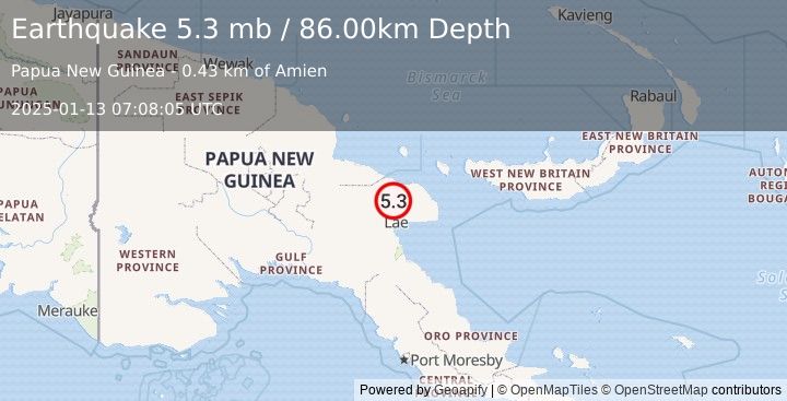 Earthquake EASTERN NEW GUINEA REG., P.N.G. (5.3 m) (2025-01-13 07:08:06 UTC)