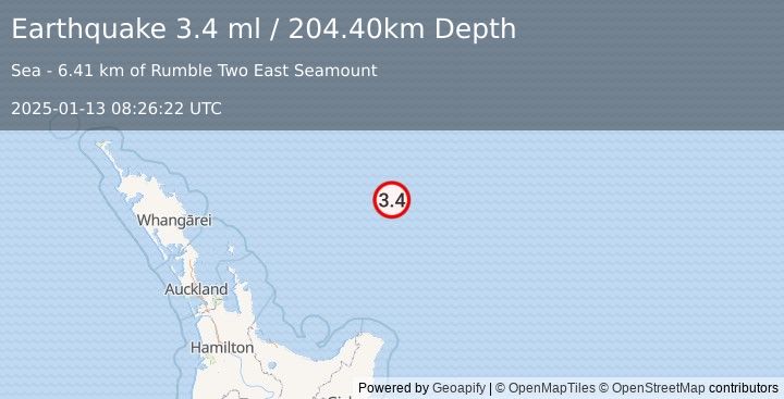 Earthquake OFF E. COAST OF N. ISLAND, N.Z. (3.4 ml) (2025-01-13 08:26:22 UTC)