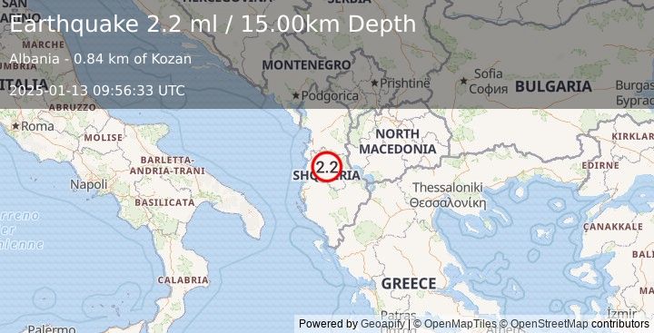 Earthquake ALBANIA (2.2 ml) (2025-01-13 09:56:33 UTC)