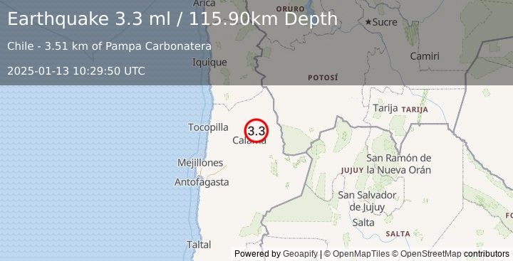 Earthquake ANTOFAGASTA, CHILE (3.3 ml) (2025-01-13 10:29:50 UTC)