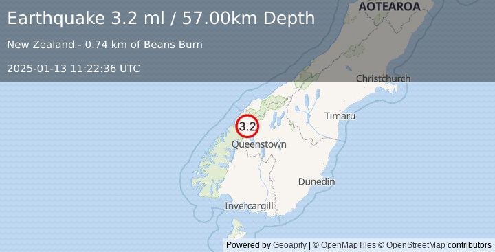 Earthquake SOUTH ISLAND OF NEW ZEALAND (3.2 ml) (2025-01-13 11:22:36 UTC)