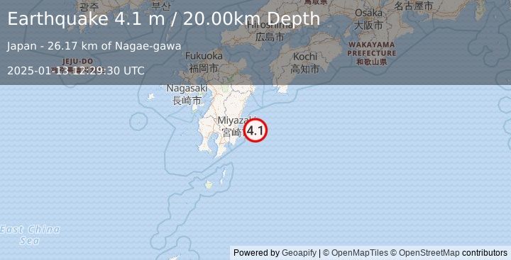 Earthquake SOUTHEAST OF SHIKOKU, JAPAN (4.1 m) (2025-01-13 12:29:30 UTC)