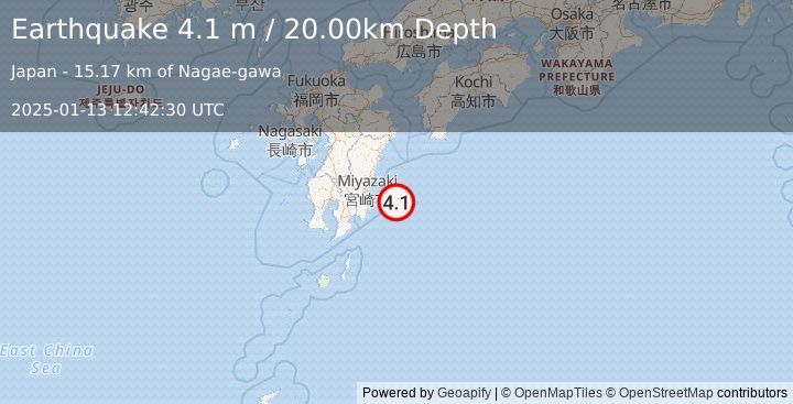 Earthquake SOUTHEAST OF SHIKOKU, JAPAN (4.1 m) (2025-01-13 12:42:30 UTC)