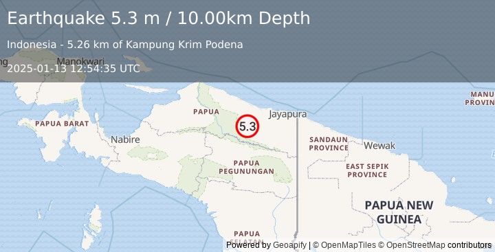 Earthquake NEAR N COAST OF PAPUA, INDONESIA (5.3 m) (2025-01-13 12:54:39 UTC)