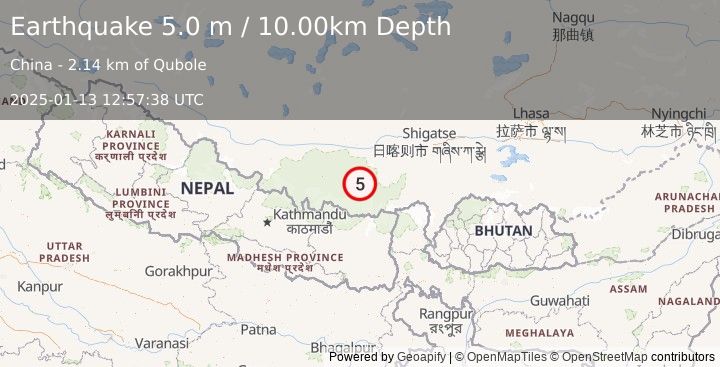 Earthquake WESTERN XIZANG (4.9 mb) (2025-01-13 12:57:39 UTC)