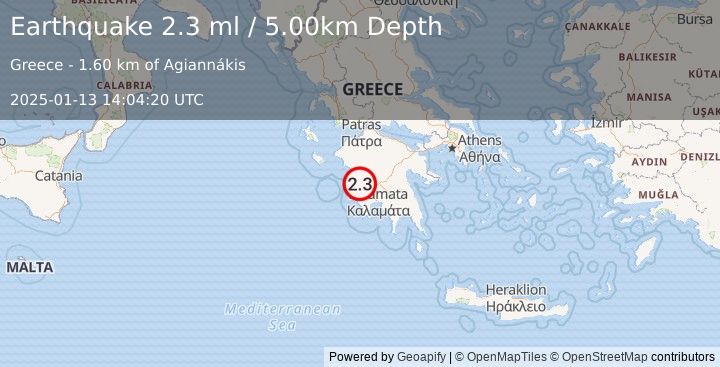 Earthquake SOUTHERN GREECE (2.3 ml) (2025-01-13 14:04:20 UTC)