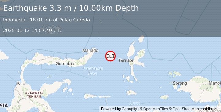 Earthquake MOLUCCA SEA (3.3 m) (2025-01-13 14:07:49 UTC)