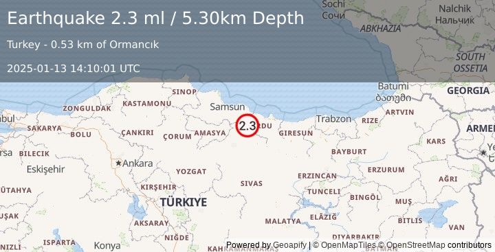 Earthquake CENTRAL TURKEY (2.1 ml) (2025-01-13 14:10:02 UTC)