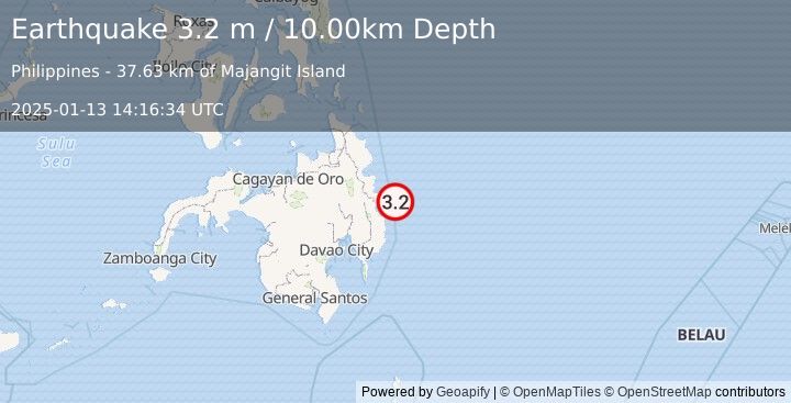 Earthquake MINDANAO, PHILIPPINES (3.2 m) (2025-01-13 14:16:34 UTC)