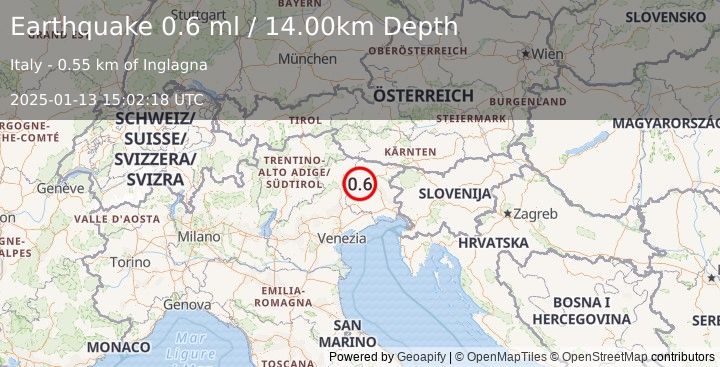 Earthquake NORTHERN ITALY (0.6 ml) (2025-01-13 15:02:18 UTC)