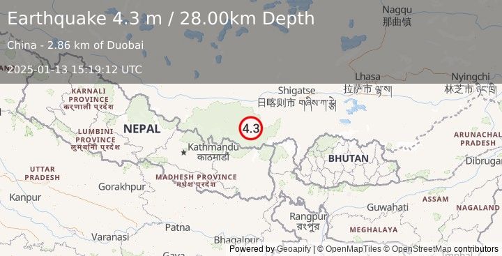 Earthquake WESTERN XIZANG (4.3 m) (2025-01-13 15:19:12 UTC)