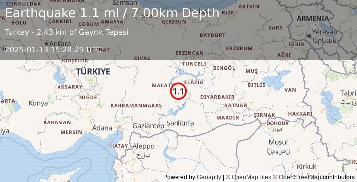 Earthquake EASTERN TURKEY (1.1 ml) (2025-01-13 15:28:29 UTC)