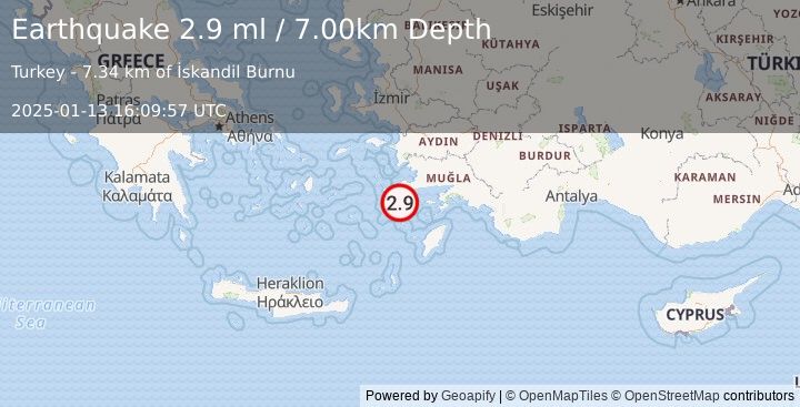 Earthquake DODECANESE IS.-TURKEY BORDER REG (3.0 ml) (2025-01-13 16:09:58 UTC)