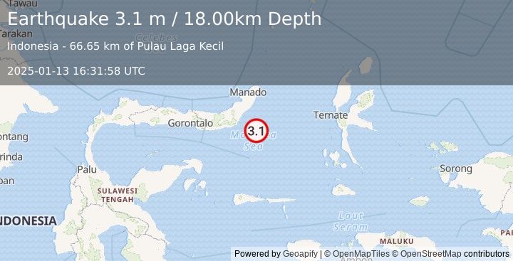 Earthquake MOLUCCA SEA (3.1 m) (2025-01-13 16:31:58 UTC)