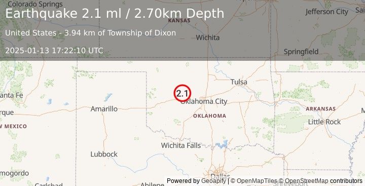 Earthquake OKLAHOMA (2.1 ml) (2025-01-13 17:22:10 UTC)