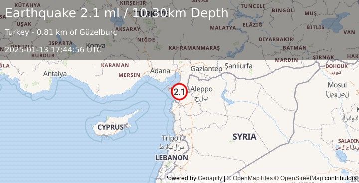 Earthquake TURKEY-SYRIA BORDER REGION (2.1 ml) (2025-01-13 17:44:56 UTC)