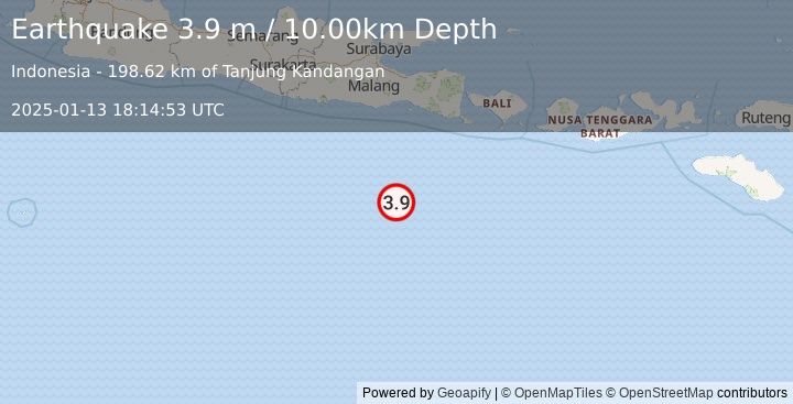 Earthquake SOUTH OF JAVA, INDONESIA (3.9 m) (2025-01-13 18:14:53 UTC)