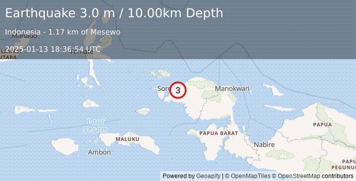 Earthquake NEAR N COAST OF PAPUA, INDONESIA (3.0 m) (2025-01-13 18:36:54 UTC)