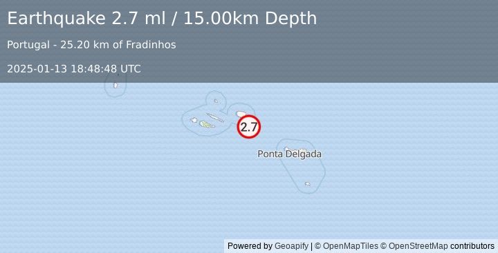 Earthquake AZORES ISLANDS, PORTUGAL (2.7 ml) (2025-01-13 18:48:48 UTC)