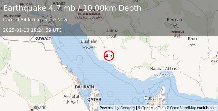 Earthquake SOUTHERN IRAN (4.7 mb) (2025-01-13 19:24:59 UTC)