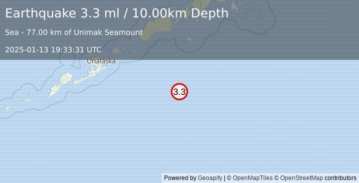 Earthquake UNIMAK ISLAND REGION, ALASKA (3.3 ml) (2025-01-13 19:33:31 UTC)