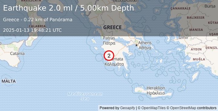 Earthquake SOUTHERN GREECE (2.0 ml) (2025-01-13 19:48:21 UTC)