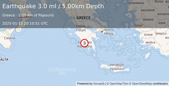 Earthquake SOUTHERN GREECE (3.0 ml) (2025-01-13 20:10:51 UTC)