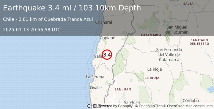 Earthquake ATACAMA, CHILE (3.4 ml) (2025-01-13 20:56:58 UTC)