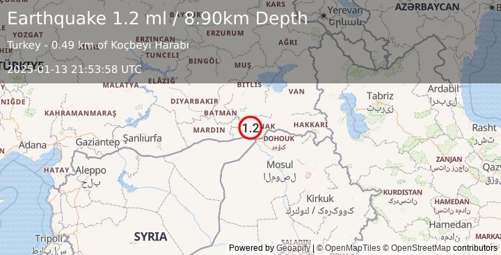 Earthquake TURKEY-SYRIA-IRAQ BORDER REGION (1.2 ml) (2025-01-13 21:53:58 UTC)