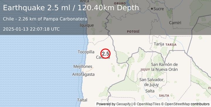 Earthquake ANTOFAGASTA, CHILE (2.5 ml) (2025-01-13 22:07:18 UTC)