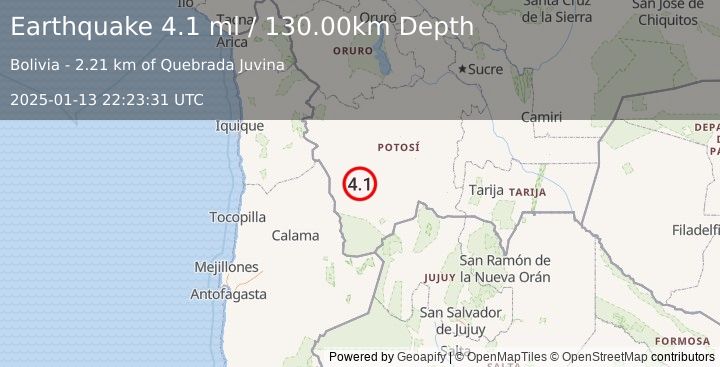 Earthquake POTOSI, BOLIVIA (4.1 ml) (2025-01-13 22:23:31 UTC)