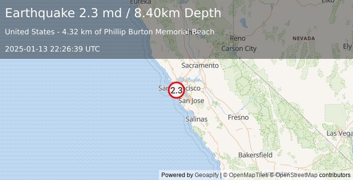 Earthquake OFFSHORE NORTHERN CALIFORNIA (2.3 md) (2025-01-13 22:26:39 UTC)