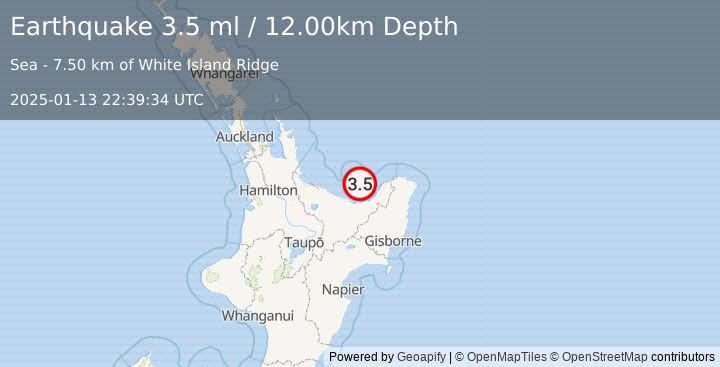 Earthquake OFF E. COAST OF N. ISLAND, N.Z. (3.5 ml) (2025-01-13 22:39:34 UTC)